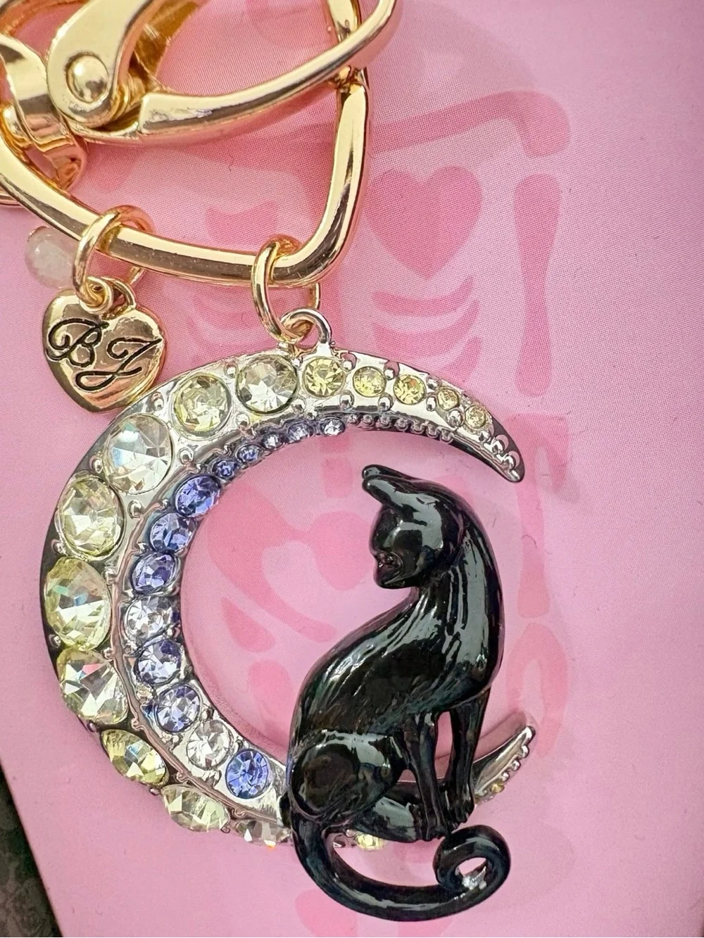 BETSEY JOHNSON Halloween Black Cat & Crystal-Studded Moon Bag Charm Keychain NWT
